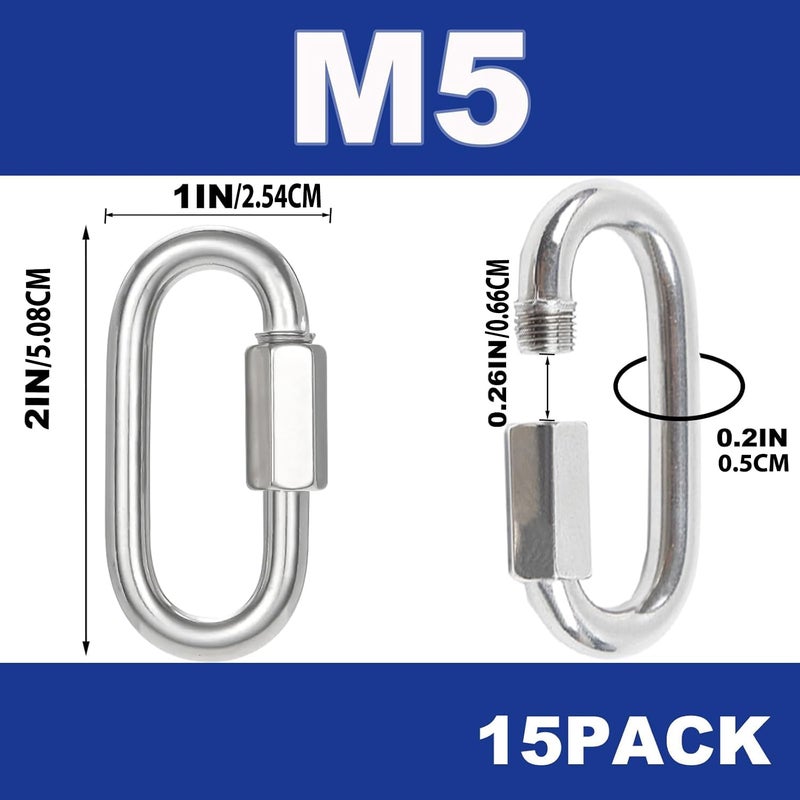 XHMAXE 15PCS 2 Inches Chain Link, M5 Screw Chain Quick Links, 3/16" Galvanized Steel Locking Carabiners for Connecting Hammock, Key Chain, Pet Leash,Gym,Camping, 650 Lbs Capacity. - Image 2